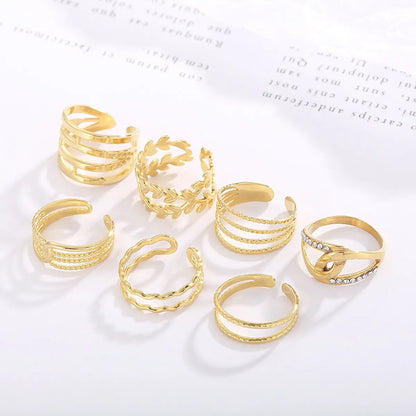 Fashion Geometric Leaves Titanium Steel Rings Plating Metal Rhinestone Stainless Steel Rings