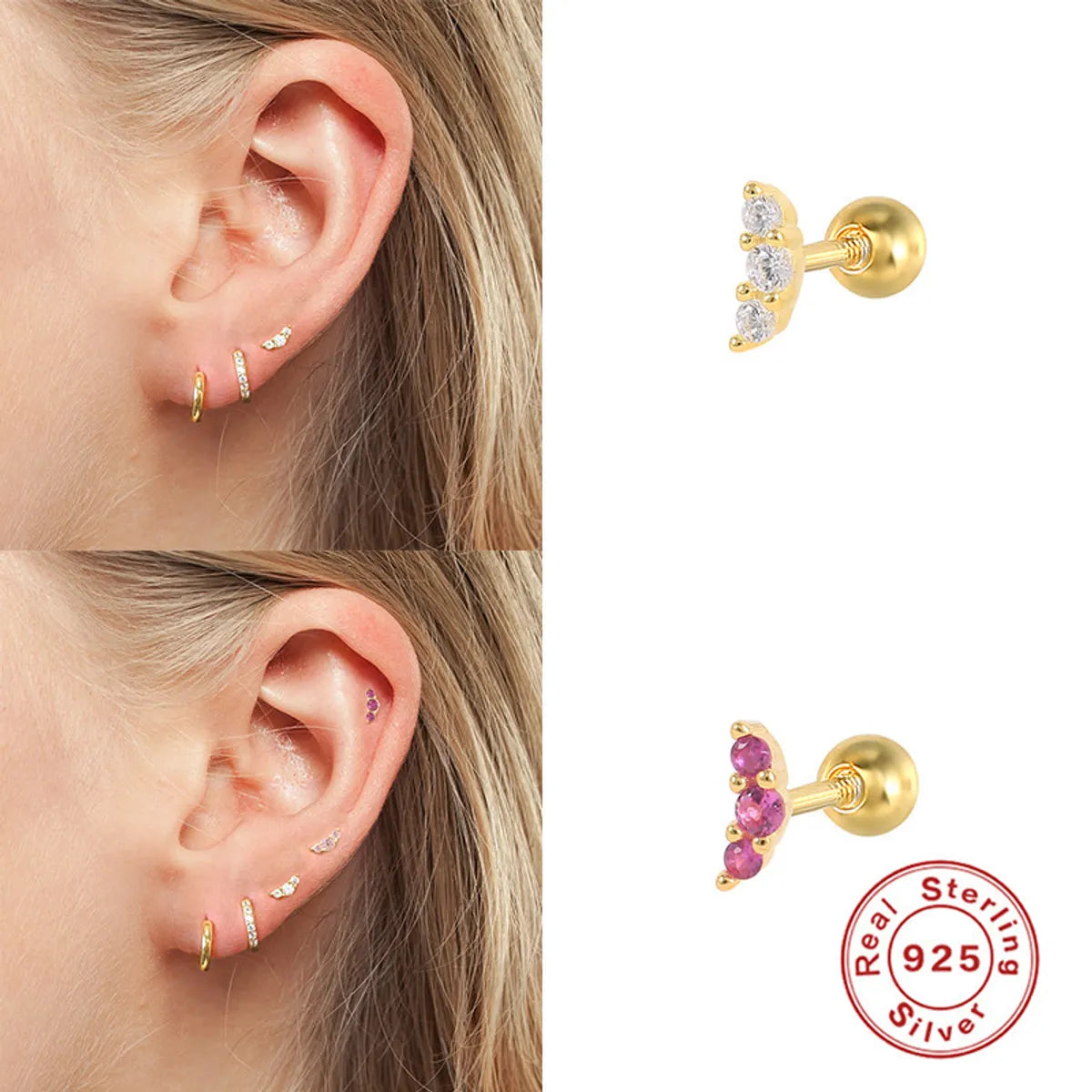 1 Piece Fashion Geometric Moon Inlay S925 Sterling Silver Zircon Ear Studs