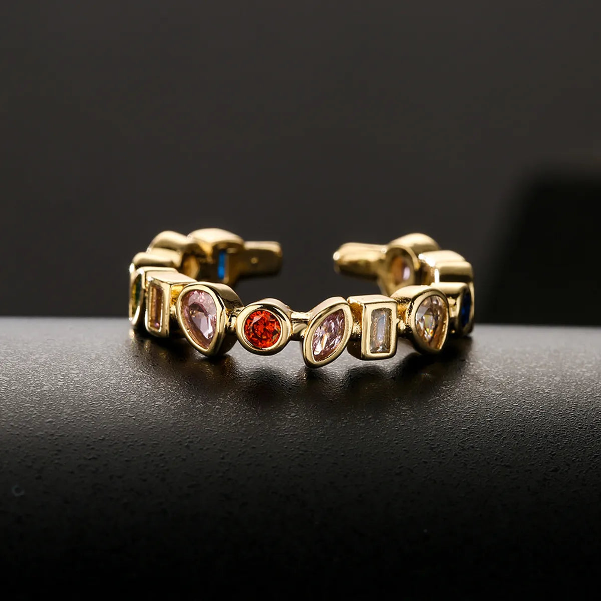 Fashion Geometric Open Copper Plated 18k Gold Colorful Zircon Ring