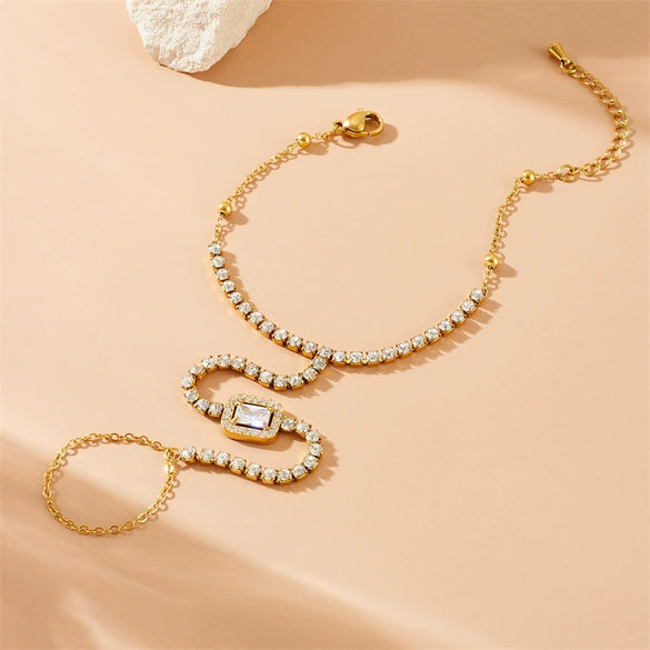 Fashion Geometric Oval Square Butterfly Stainless Steel Finger Bracelet With Diamond Design