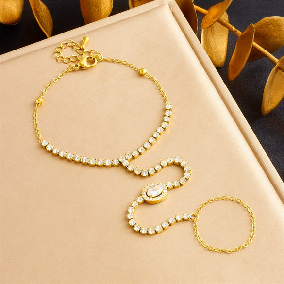 Fashion Geometric Oval Square Butterfly Stainless Steel Finger Bracelet With Diamond Design