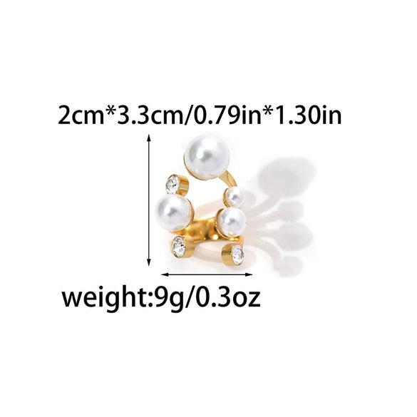 Fashion Geometric Pearl Exaggerated Opening Ring Stainless Steel Gold Plated Jewelry