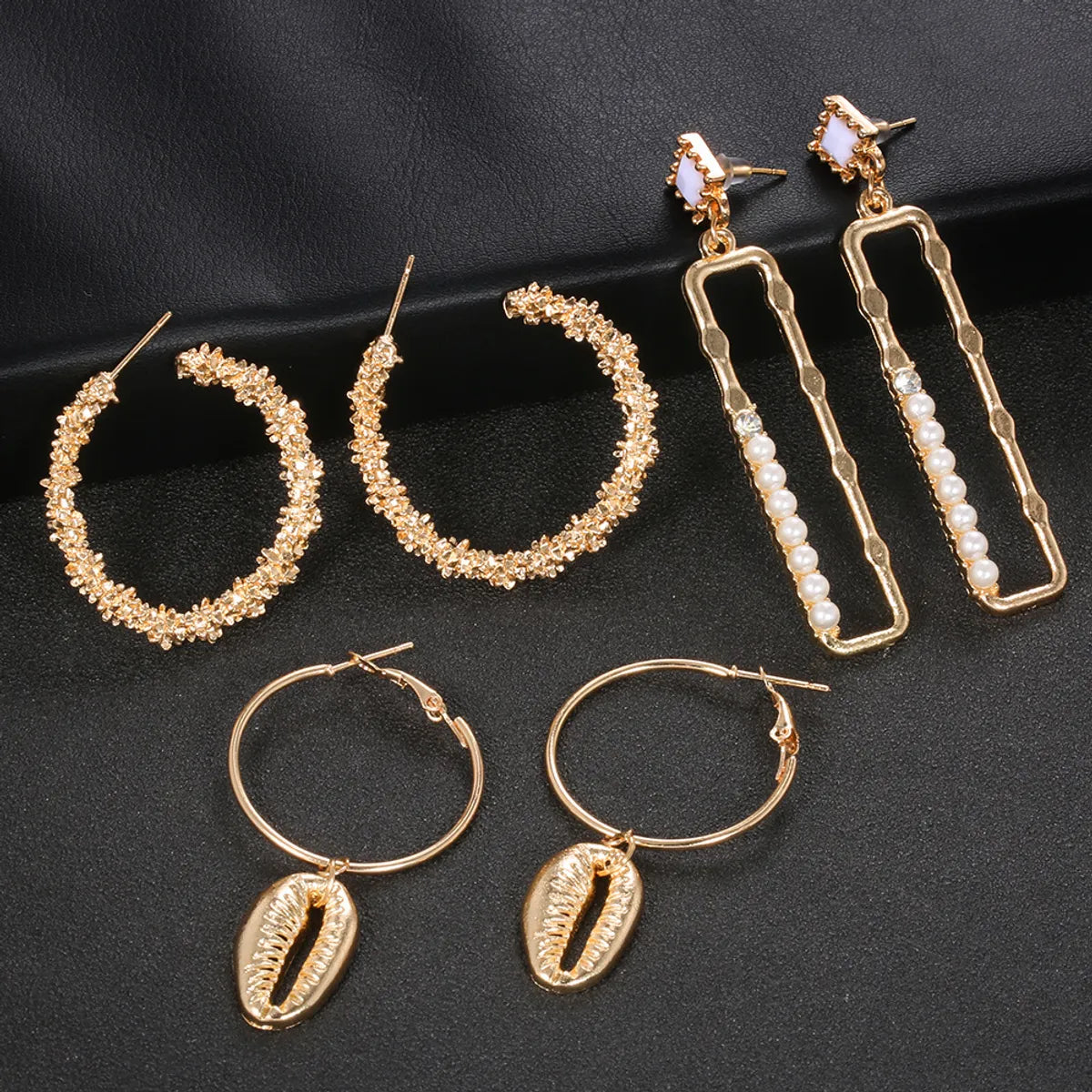 Fashion Geometric  Rectangular Pearl Shell Twisted Alloy Earrings 3 Pairs Wholesale