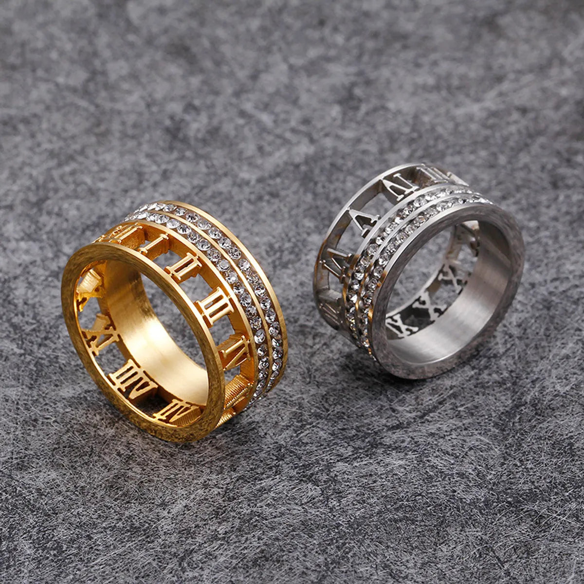 Wholesale Jewelry Fashion Geometric Roman Numeral Titanium Steel Rhinestones 18K Gold Plated Plating Inlay Rings