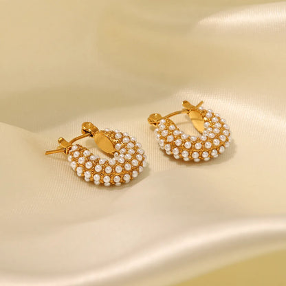 1 Pair Fashion Geometric Inlay Stainless Steel Artificial Pearls 18k Gold Plated Earrings