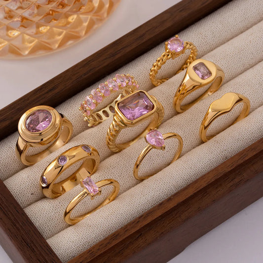 Fashion Geometric Stainless Steel Plating Zircon Gold Plated Rings