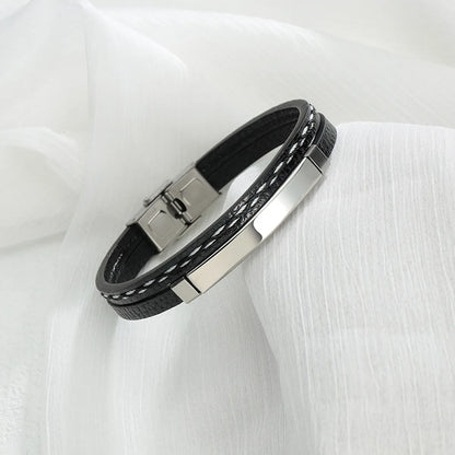 Fashion Geometric Stainless Steel Pu Leather Patchwork Unisex Bangle