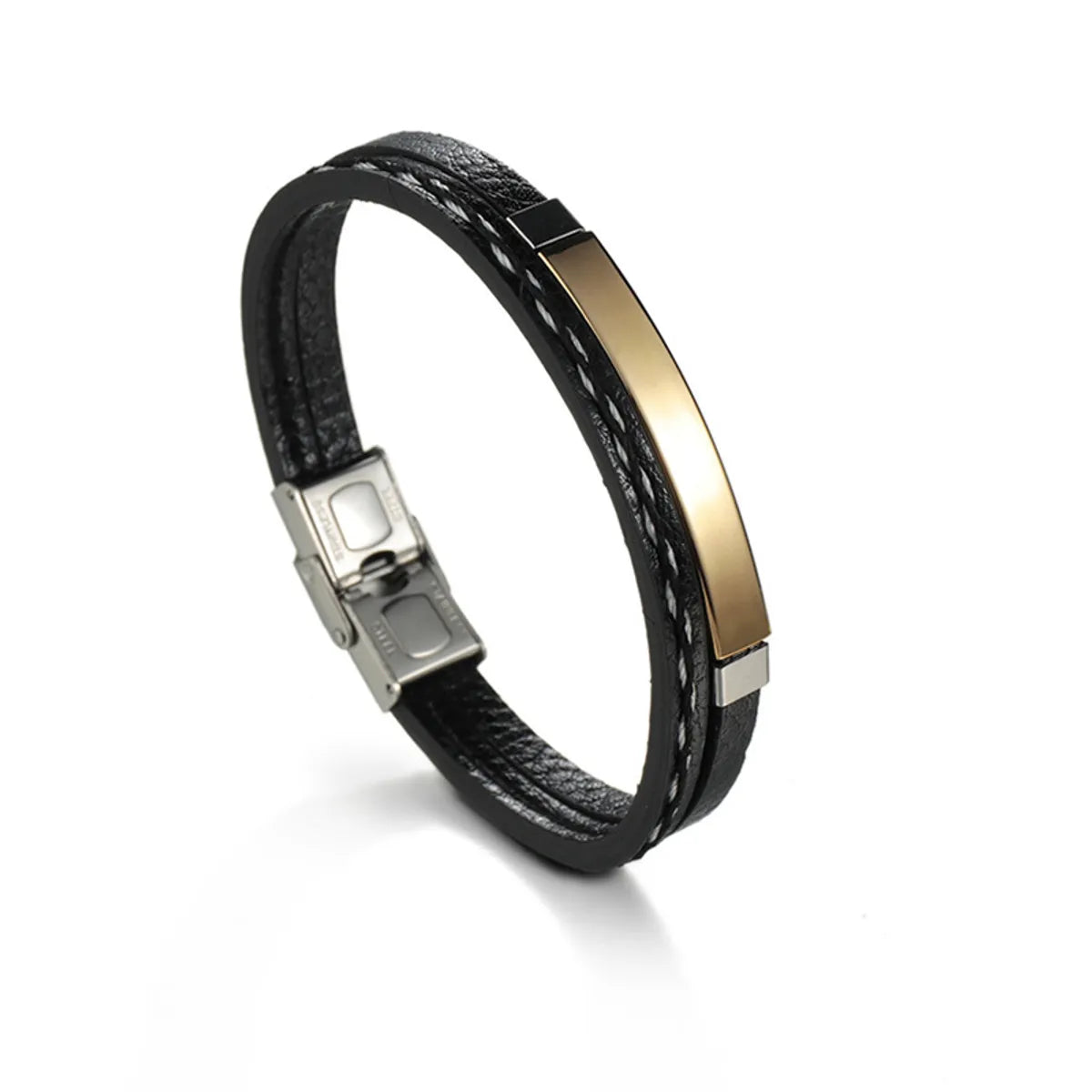 Fashion Geometric Stainless Steel Pu Leather Patchwork Unisex Bangle