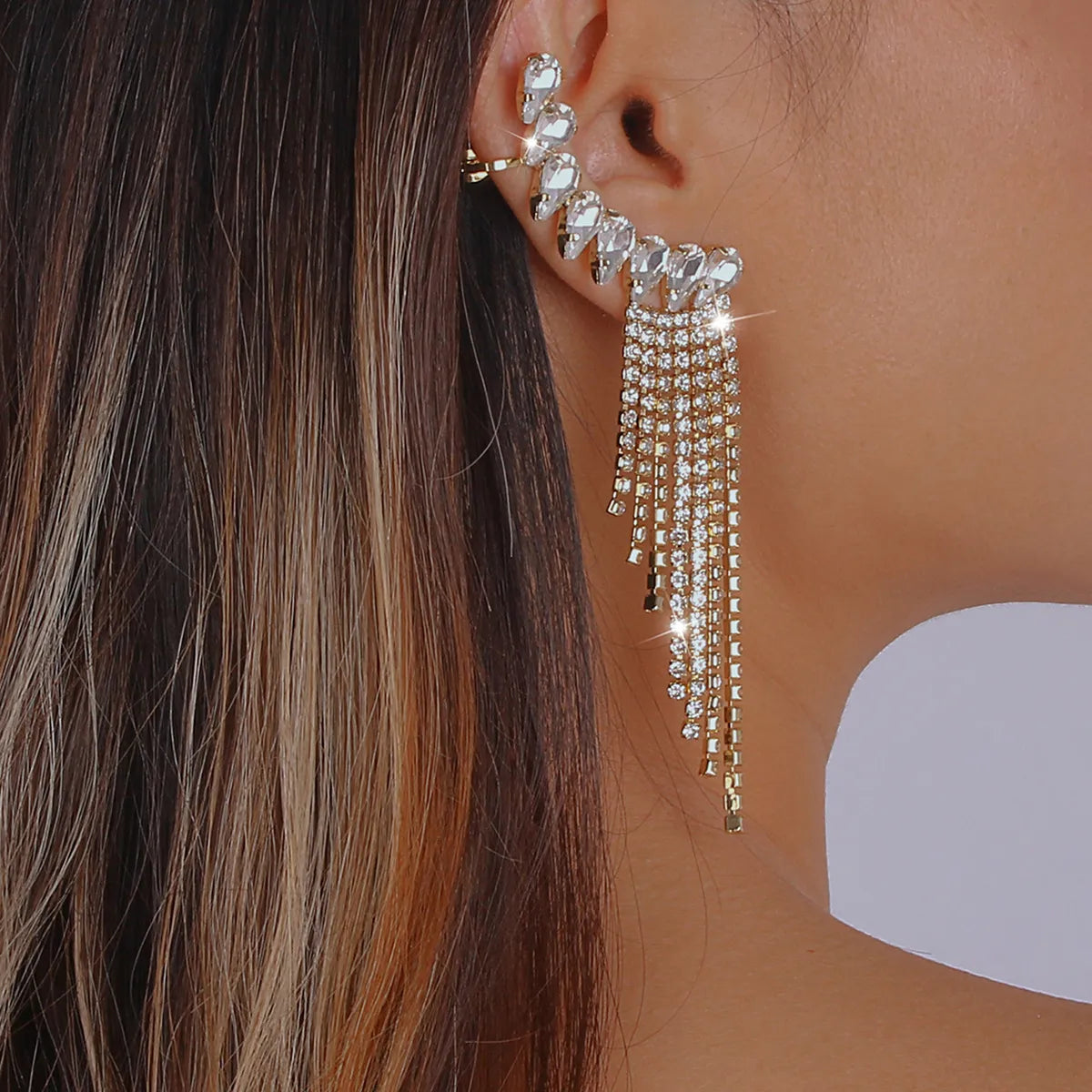 Fashion Geometric  Tassels Claw Chains Rhinestone Clip Earrings