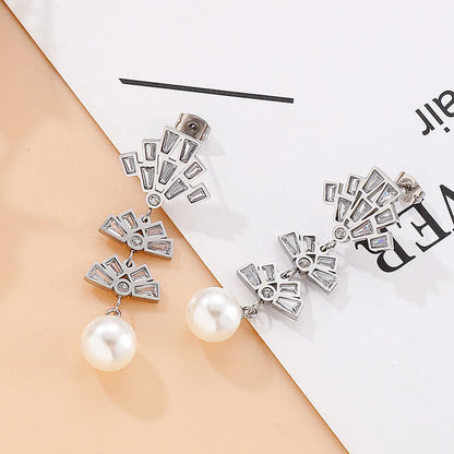 Fashion Geometric Titanium Steel Earrings Inlay Artificial Pearls Zircon Stainless Steel Earrings