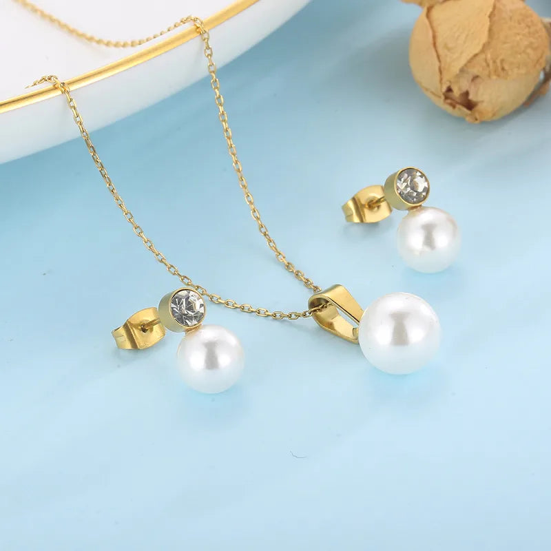 Fashion Geometric Titanium Steel Inlay Artificial Pearls Rhinestones Women'S Earrings Necklace