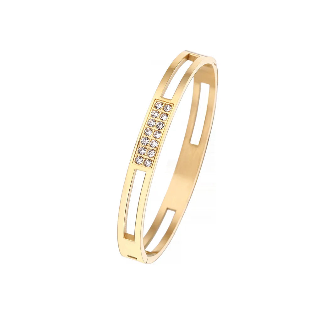 Fashion Geometric 304 Stainless Steel Titanium Steel 18K Gold Plated Zircon Bangle In Bulk