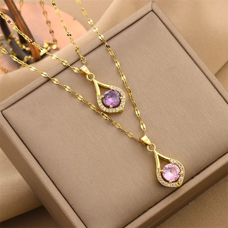 Fashion Geometric Titanium Steel Inlay Zircon Pendant Necklace 1 Piece