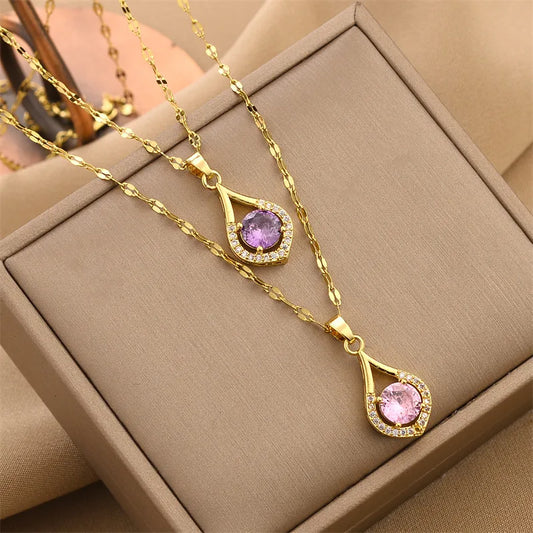 Fashion Geometric Titanium Steel Inlay Zircon Pendant Necklace 1 Piece