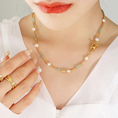 Wholesale Jewelry Fashion Geometric 304 Stainless Steel Natural Stone Pearl 18K Gold Plated Plating Necklace