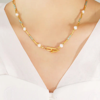 Wholesale Jewelry Fashion Geometric 304 Stainless Steel Natural Stone Pearl 18K Gold Plated Plating Necklace