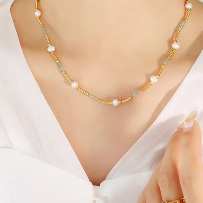 Wholesale Jewelry Fashion Geometric 304 Stainless Steel Natural Stone Pearl 18K Gold Plated Plating Necklace