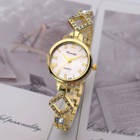 Fashion Girls Quartz Watch Alloy Case And Strap Round Dial Imitation Ceramic