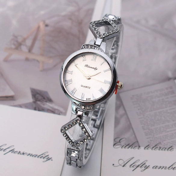 Fashion Girls Quartz Watch Alloy Case And Strap Round Dial Imitation Ceramic