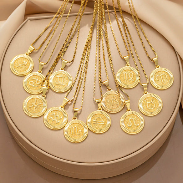 Fashion Glossy Pendant Necklace With Twelve Constellation Symbol Letter Graphic In Titanium Steel With Electroplating Treatment
