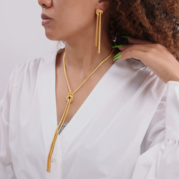 Fashion Gold Knotted Tassel Snake Chain Long Necklace Earrings Set 316L Stainless Steel Electroplated