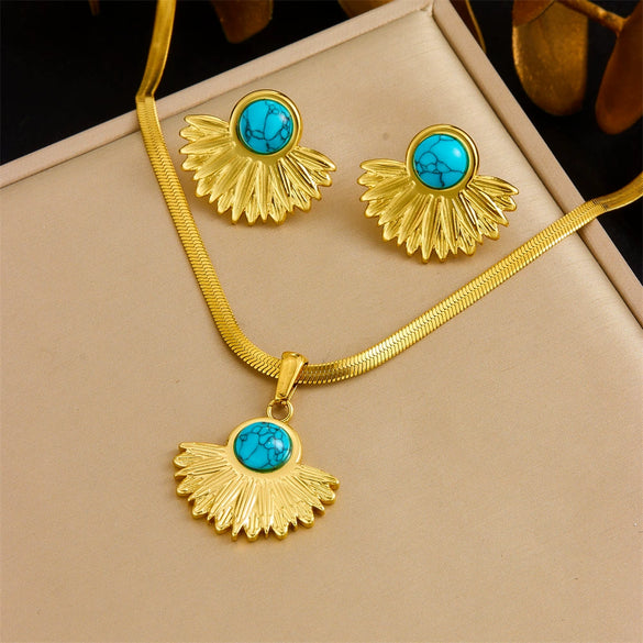 Fashion Gold Plated Retro Love Fanshaped Stainless Steel Pendant Earrings Necklace Suit With Snake Bone Chain And Love Water Drops Bells Pattern