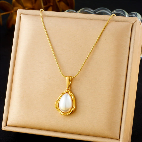 Fashion Gold Plated Retro Love Fanshaped Stainless Steel Pendant Earrings Necklace Suit With Snake Bone Chain And Love Water Drops Bells Pattern