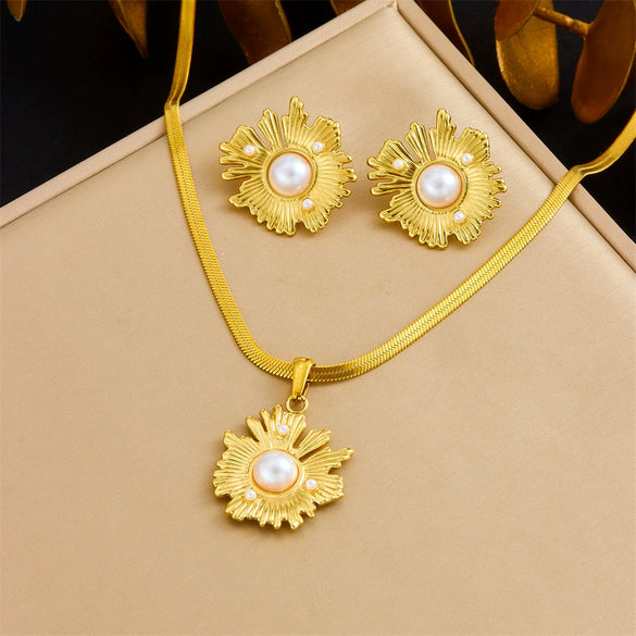 Fashion Gold Plated Retro Love Fanshaped Stainless Steel Pendant Earrings Necklace Suit With Snake Bone Chain And Love Water Drops Bells Pattern
