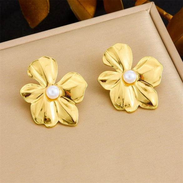 Fashion Gold Plated Retro Love Fanshaped Stainless Steel Pendant Earrings Necklace Suit With Snake Bone Chain And Love Water Drops Bells Pattern