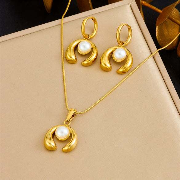 Fashion Gold Plated Retro Love Fanshaped Stainless Steel Pendant Earrings Necklace Suit With Snake Bone Chain And Love Water Drops Bells Pattern