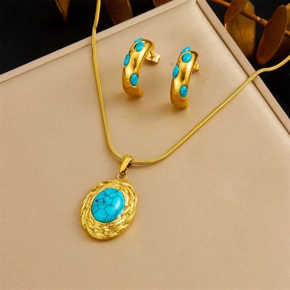Fashion Gold Plated Retro Love Fanshaped Stainless Steel Pendant Earrings Necklace Suit With Snake Bone Chain And Love Water Drops Bells Pattern