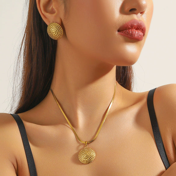 Fashion Gold Plated Retro Love Fanshaped Stainless Steel Pendant Earrings Necklace Suit With Snake Bone Chain And Love Water Drops Bells Pattern