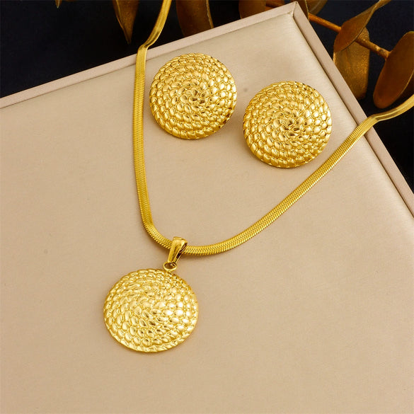 Fashion Gold Plated Retro Love Fanshaped Stainless Steel Pendant Earrings Necklace Suit With Snake Bone Chain And Love Water Drops Bells Pattern