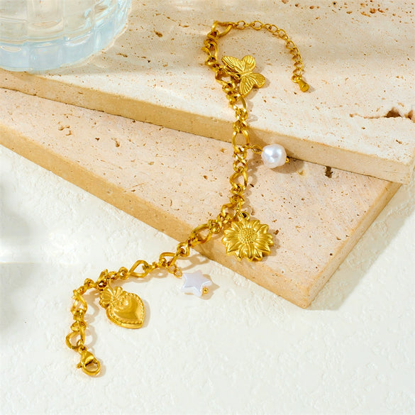 Fashion Gold Plated Stainless Steel Multi Element Flower Five Pointed Star Pendant Chain Bracelet For Women