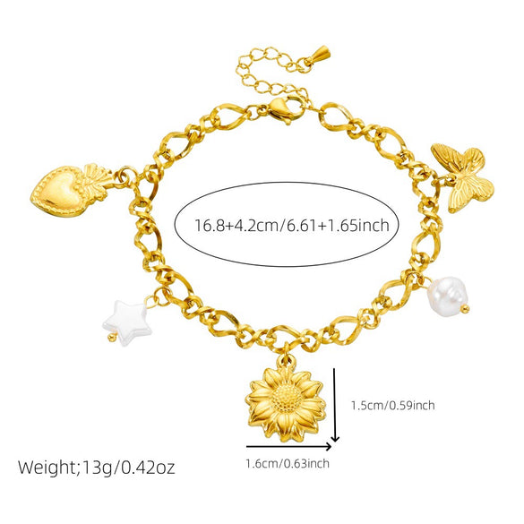 Fashion Gold Plated Stainless Steel Multi Element Flower Five Pointed Star Pendant Chain Bracelet For Women