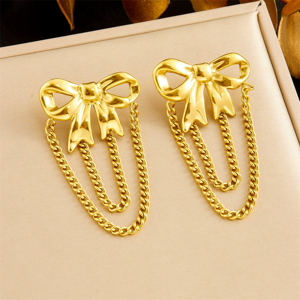 Fashion Gold Plated Stainless Steel Women's Earrings With Heart Flower Bow Tassel And Electroplating
