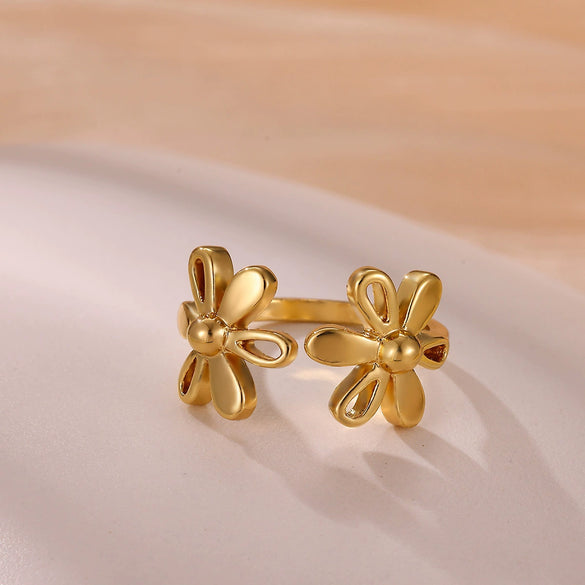 Fashion Gold Plated Titanium Steel And Stainless Steel Doublelayer Flower Open Ring Jewelry For Women