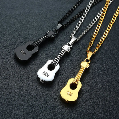 Fashion Guitar Titanium Steel Pendant Necklace Plating Stainless Steel Necklaces