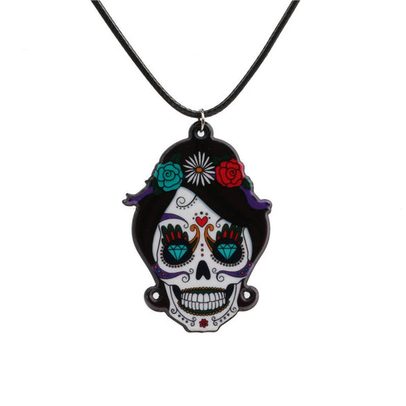 Fashion Halloween Skull Rose Cross Acrylic Pendant Necklace With Cartoon Characters