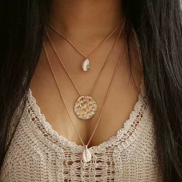 Fashion Handmade Alloy Shell Multilayer Necklace With Box Chain Electroplated Floral Pendant Jewelry For Women