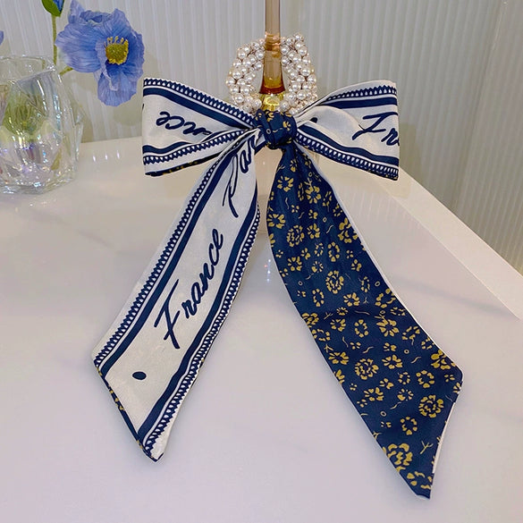 Fashion Handmade Cloth Pearl Ribbon Silk Scarf Hair Tie Elastic Hair Ring For Women