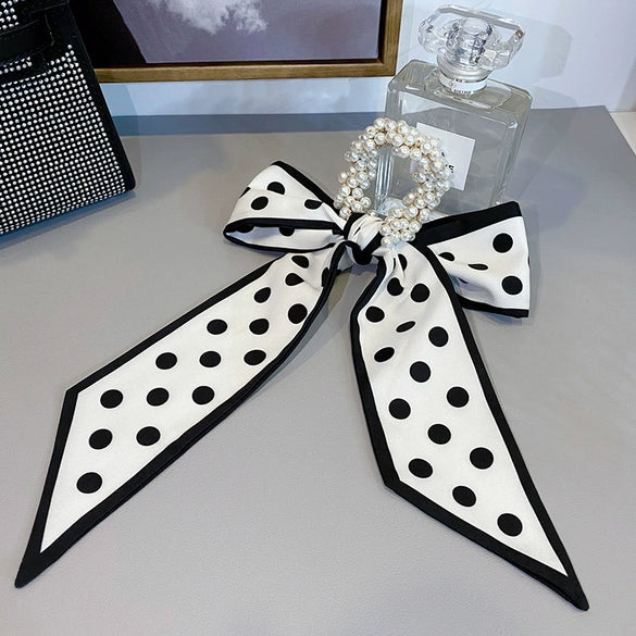 Fashion Handmade Cloth Pearl Ribbon Silk Scarf Hair Tie Elastic Hair Ring For Women