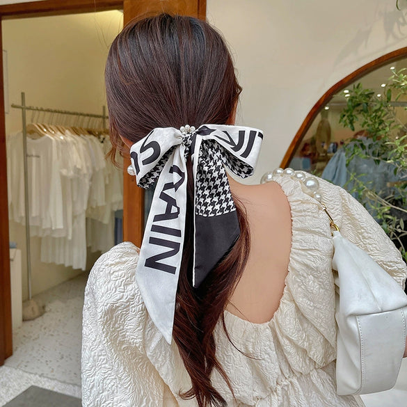 Fashion Handmade Cloth Pearl Ribbon Silk Scarf Hair Tie Elastic Hair Ring For Women