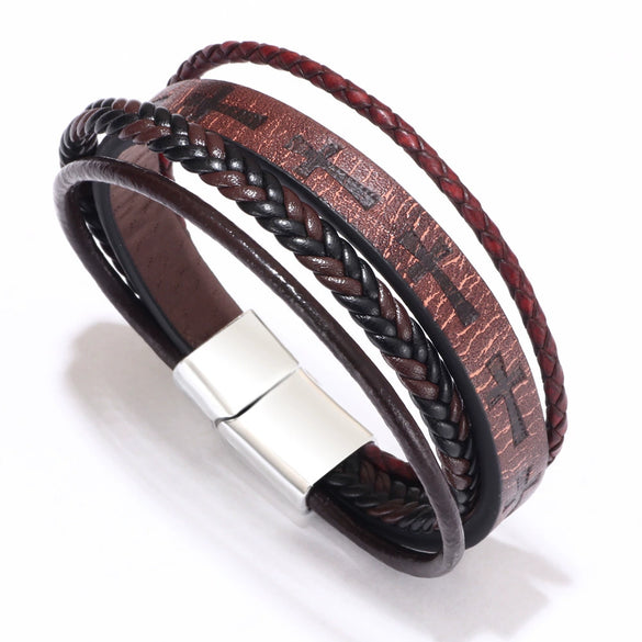 Fashion Handwoven Leather Bracelet With Geometric Pattern And Alloy Magnet Buckle