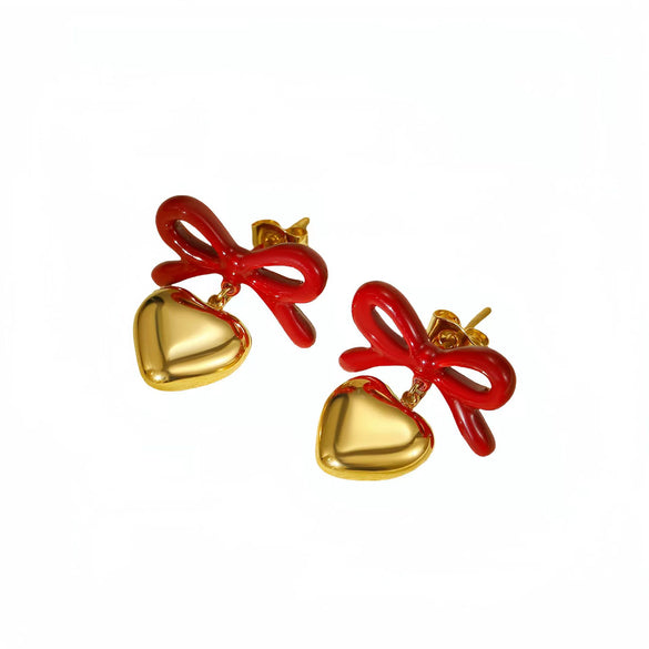 Fashion Heart Bow Stainless Steel 18K Gold Electroplated Women's Earrings