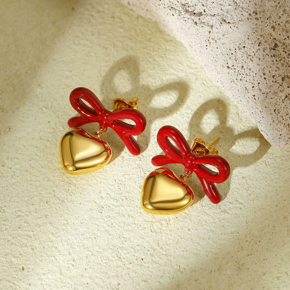 Fashion Heart Bow Stainless Steel 18K Gold Electroplated Women's Earrings