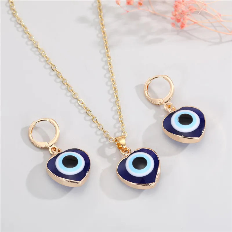 Fashion Heart Devil Eye Earrings Necklace