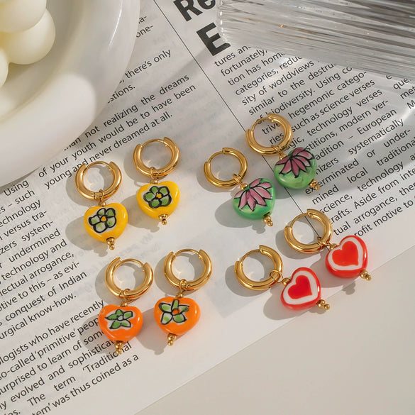 Fashion Heart Oil Drop Flower Earrings For Women Stainless Steel Electroplated Jewelry