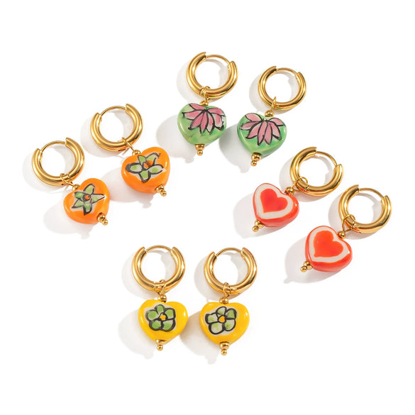 Fashion Heart Oil Drop Flower Earrings For Women Stainless Steel Electroplated Jewelry
