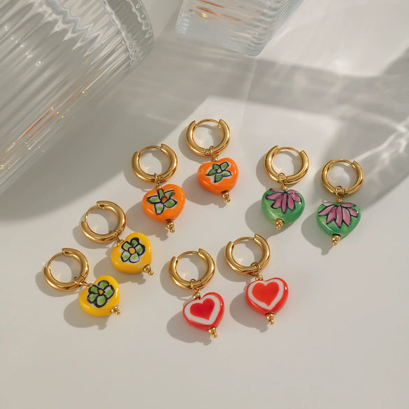 Fashion Heart Oil Drop Flower Earrings For Women Stainless Steel Electroplated Jewelry
